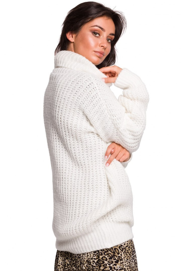 Sweter Damski - Długi Gruby Z Golfem - biały